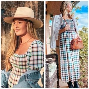 Anthropologie Maeve Cerie Picnic Plaid Square Neck Smocked Midi Dress Casual